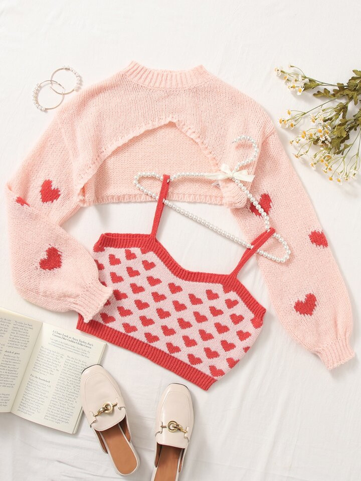 SHEIN ICON Heart Pattern Knit Top & Mock Neck Drop Shoulder Shrug Sweater | SHEIN