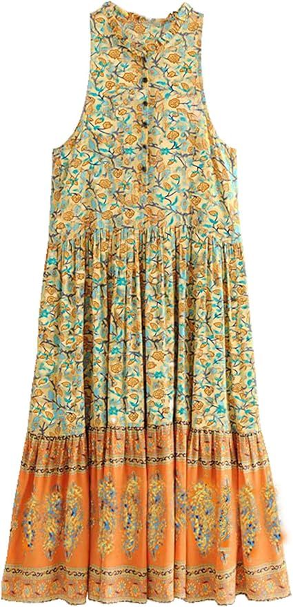 R.Vivimos Women's Summer Sleeveless Floral Print Button Up Bohemian Flowy Maxi Dresses | Amazon (US)
