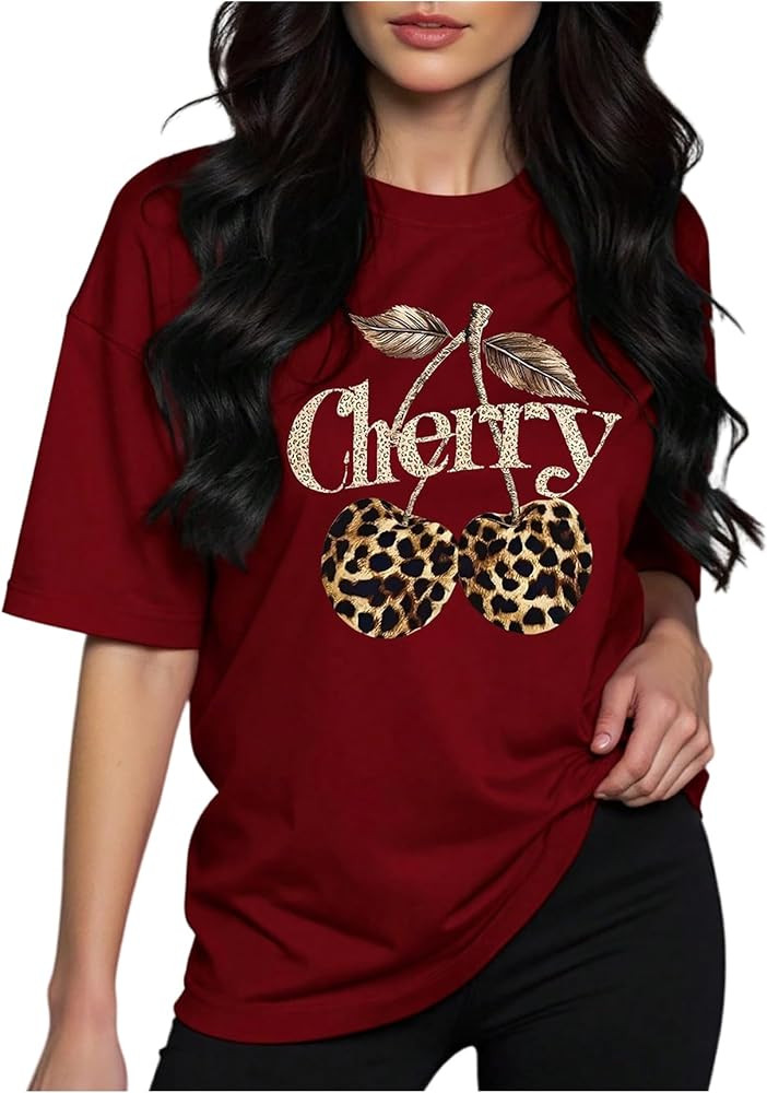 WDIRARA Women's Leopard Cherry Graphic T Shirts Crew Neck Short Sleeve Tee Y2k Tops | Amazon (US)
