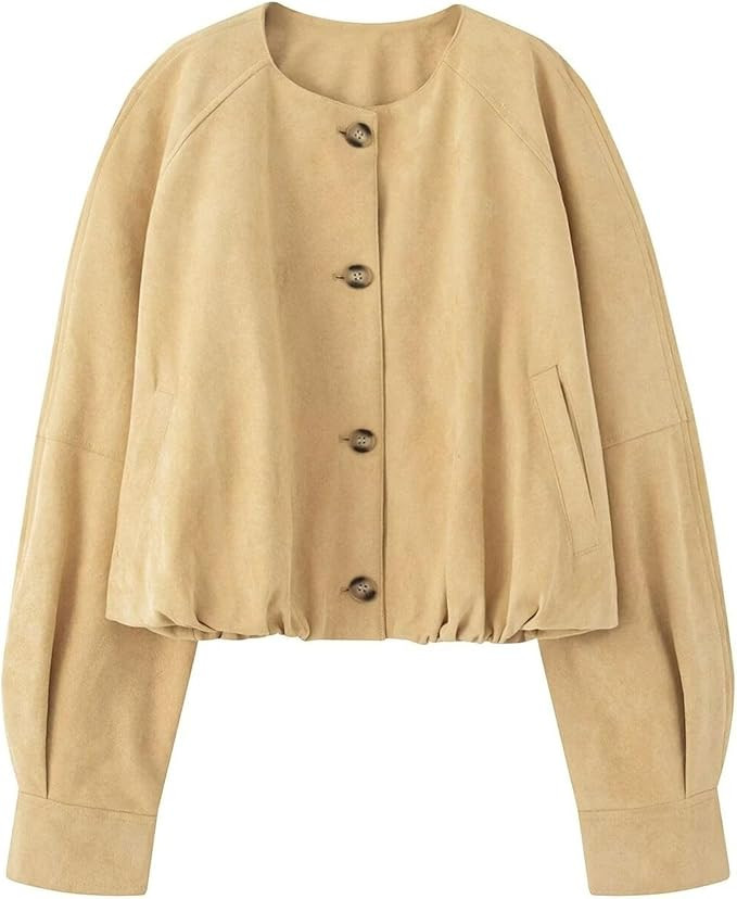 Xunger Women's Faux Suede Button Jacket Oversized Gathered Hem Short Length Coat Casual Vintage O... | Amazon (US)