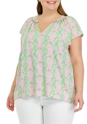 Crown & Ivy Women's Plus Size Raglan Sleeve Printed Top, Green, 2X | Belk