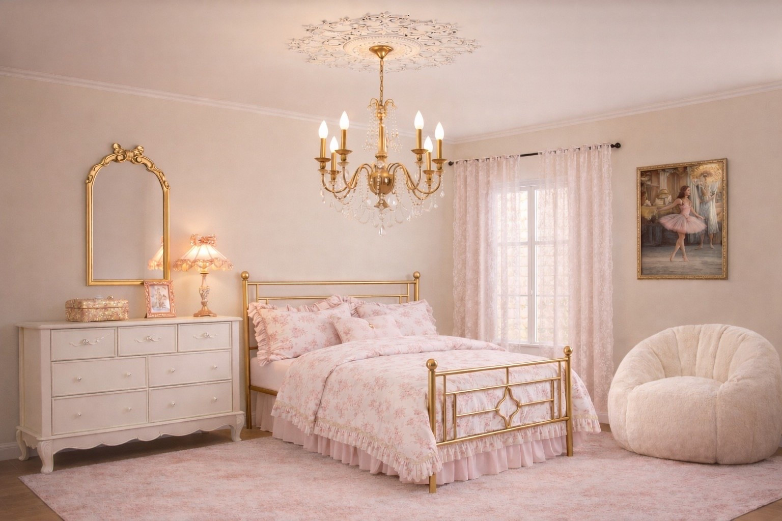 A dreamy girls bedroom layered in soft pink florals, warm ivory walls, and elegant gold accents ✨
From the vintage chandelier glow to the delicate bedding and romantic details, this space feels cozy, feminine, and timeless — perfect for a princess-inspired room that grows with her.

#LTKKids #LTKHome #LTKU