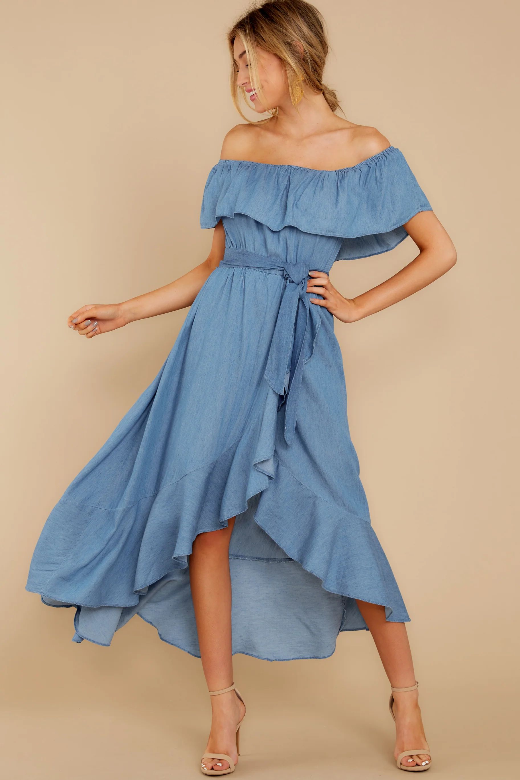 Meet Cute Chambray Midi Off The Shoulder Dress Blue | Red Dress 