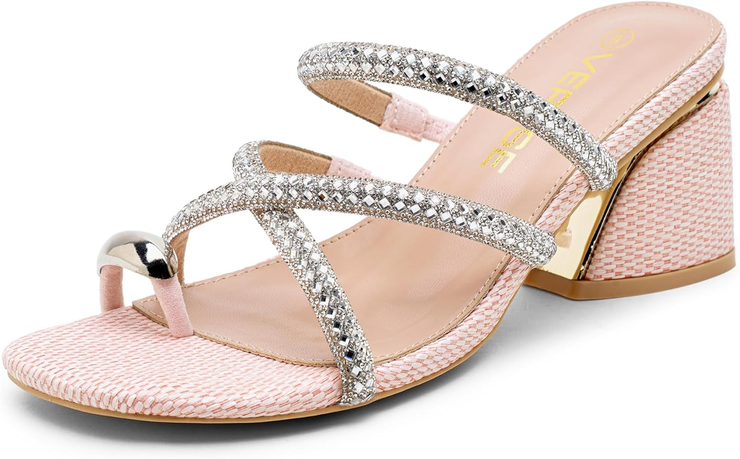 Vepose Women's Heeled Sandals 3 Inch Chunky Block Heels - Rhinestone Strappy Open Toe Slip On Sho... | Amazon (US)