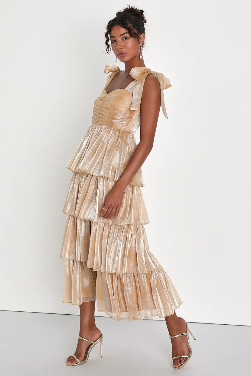 Radiant Arrival Shiny Gold Organza Tiered Tie-Strap Maxi Dress | Lulus