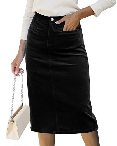 luvamia Casual Elastic Waist Corduroy Stretchy Black Midi Skirt for Women Trendy High Waisted Dressy Skirts for Women Fall with Welt Pockets X-Large US Size 16-18 | Amazon (US)