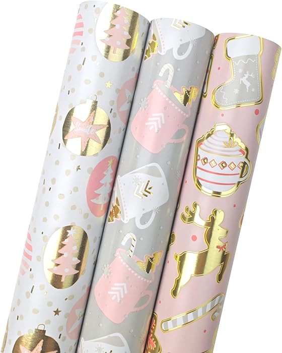 LDGOOAEL Mini Christmas Wrapping Paper Rolls (17"x120") - Easy-Tear Cut Lines on Back, Festive Pi... | Amazon (US)