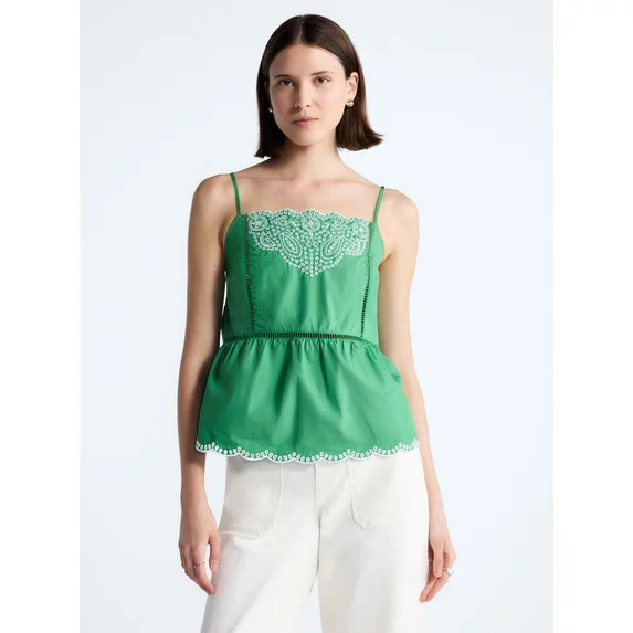Free Assembly Women's Embroidered Cotton Tank Top with Peplum Hem, Sizes XS-XXL | Walmart (US)