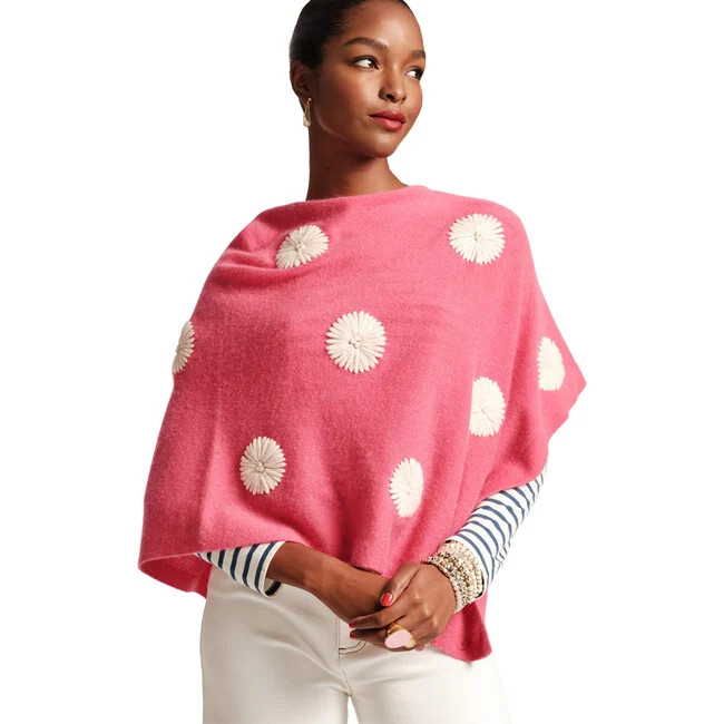 Frances Valentine | Women's Le Petit Poncho Embroidered Flowers, (Pink/Oyster, One Size) | Wool & Cashmere | Maisonette | Maisonette