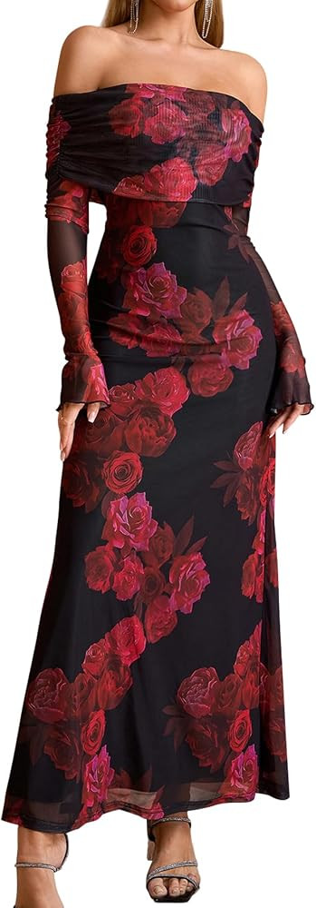 KUTUMAI Women Off Shoulder Bodycon Maxi Dress Long Sleeve Mesh Ruched Party Formal Wedding Guest ... | Amazon (US)