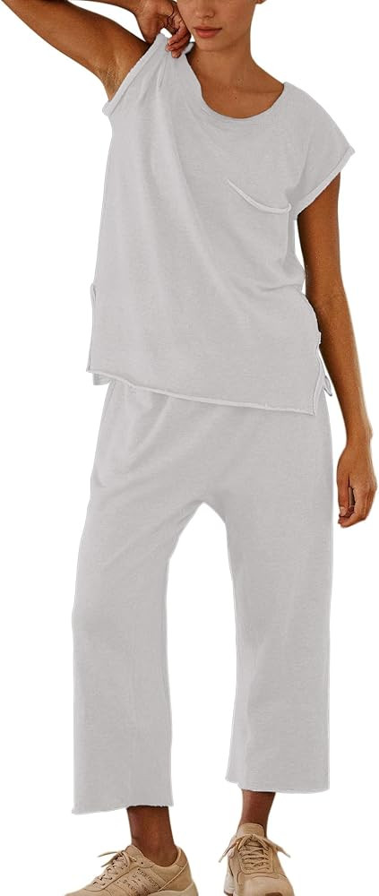Lounge Sets for Women 2 Piece Short Sleeve Scoop Neck Top and High Rise Cropped Pant Travel Set | Amazon (US)