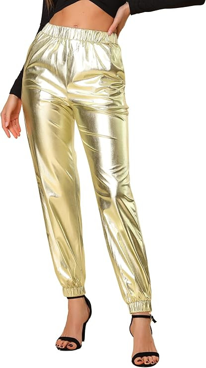 Allegra K Women's Metallic Trousers Halloween Shiny Sparkle Elastic Waist Holographic Pants | Amazon (US)