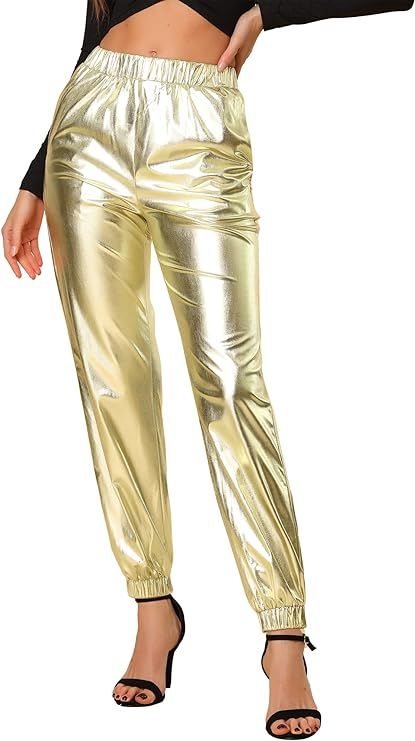 Allegra K Women's Metallic Trousers Halloween Shiny Sparkle Elastic Waist Holographic Pants | Amazon (US)