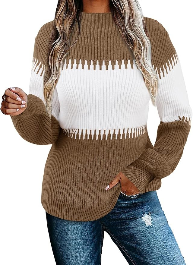 ANDMO Womens Fall Sweater Casual Long Sleeve Turtleneck Colorblock Striped Chunky Pullover Loose ... | Amazon (US)