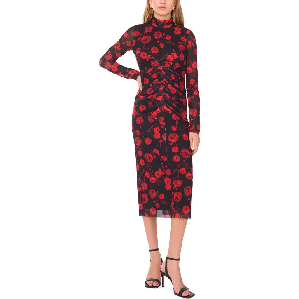 1.STATE Print Long Sleeve Mesh Midi Dress in Rich Black at Nordstrom, Size Large | Nordstrom