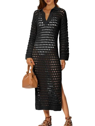 Saodimallsu Womens Crochet Swimsuit Cover Up V Neck Collared Long Sleeve Mesh Knit Long Beach Coverup Maxi Dress Black | Amazon (US)