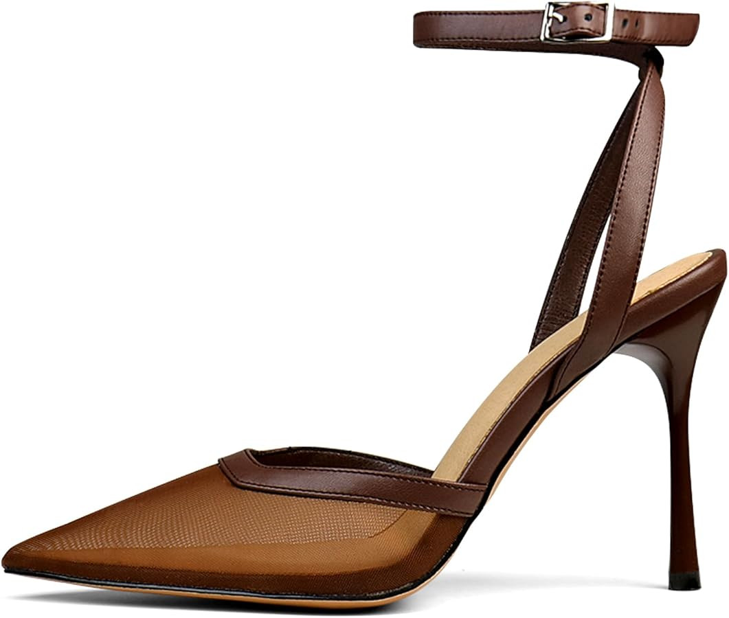 Brown Mesh Heels For Women Pointed Closed Toe Ankle Strap Wedding Party Stiletto Slingback Pumps | Amazon (US)