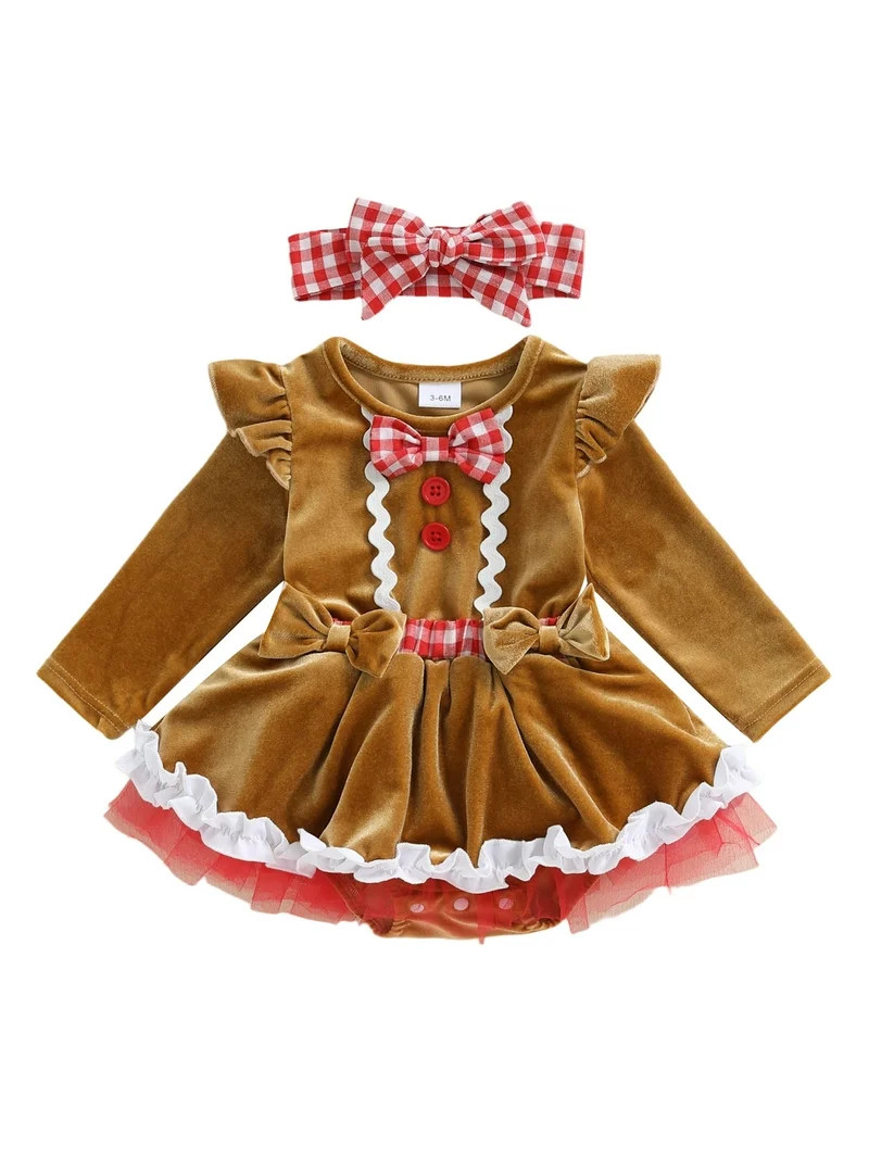 Txlixc Baby Girl Christmas Outfit Gingerbread Man Long Sleeve Romper Dress Bow Headband 2 Piece S... | Walmart (US)
