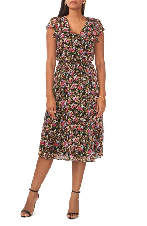 Chaus Floral Smocked Waist Midi Dress in Fuchsia/Purple/Gold at Nordstrom, Size Medium | Nordstrom