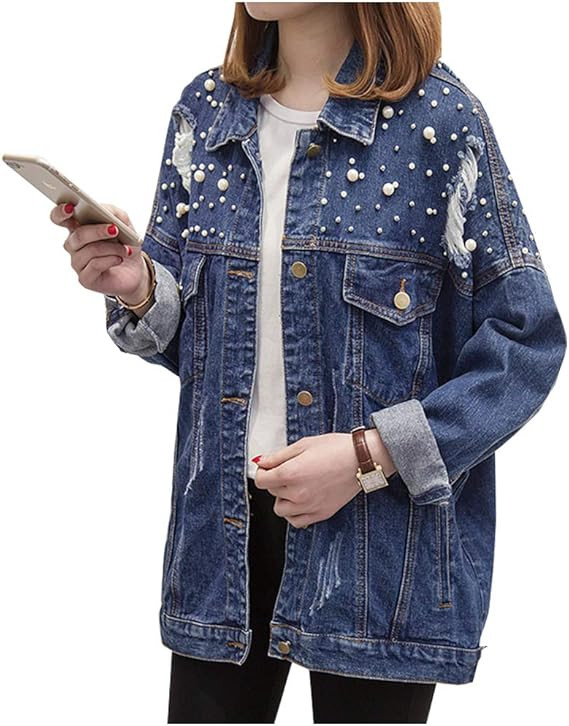 Kedera Women's Oversize Boyfriend Ripped Denim Jean Jacket with Pearls Rivet Beaded 2XL | Amazon (US)