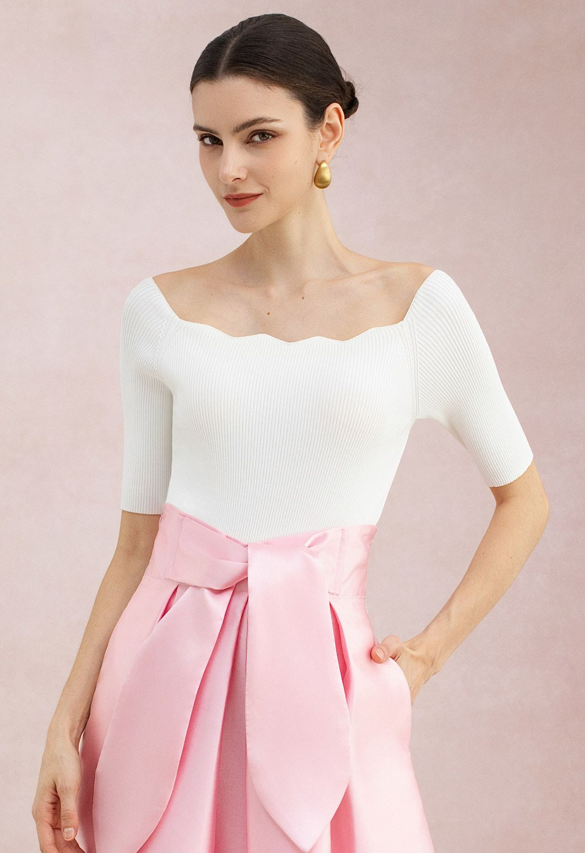Scalloped Neckline Elbow Sleeves Knit Top in White for Daytime Occasion & Brunch Outings | Chicwish