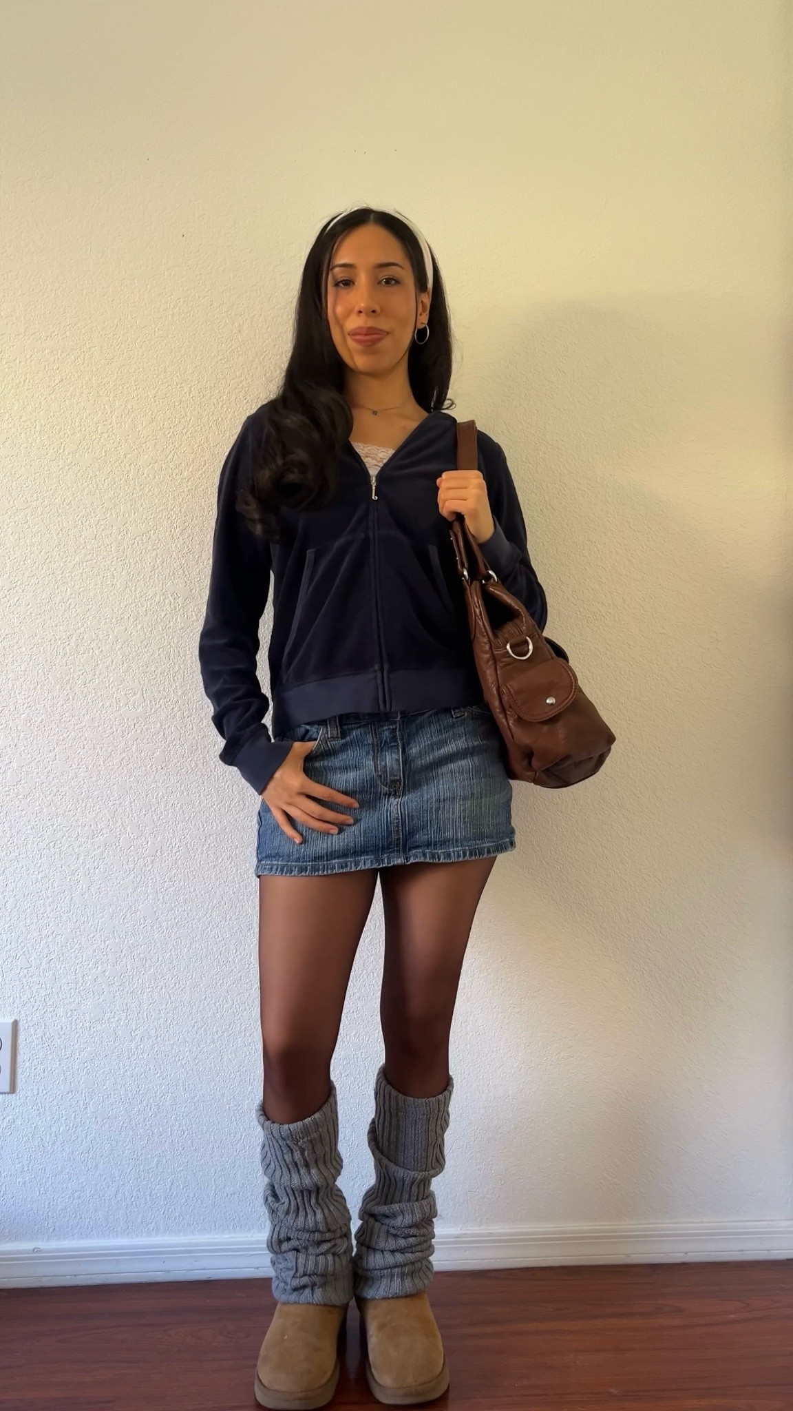 2000s fall outfits zip up is vintage Juicy, leg warmers and skirt are old brandy 