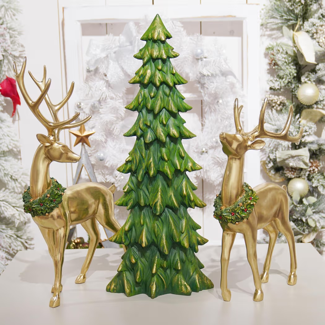 Newman House Studio Standing Reindeer Tree Figurine Christmas-Decor - 3PC Large Christmas Reindeer Decor Indoor Gold Resin Deer with Tree Statue White Farmhouse Decor 10.75 * 7 * 20.25 inch | Amazon (US)