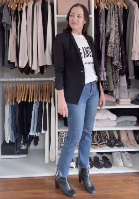 A black classic blazer is a timeless capsule wardrobe staple. I’ve had mine for over 8 years and I still wear it a lot. Linking my favorite similar blazers. Same with my ankle boots. My tee runs big so size down. 

#LTKover40 #LTKstyletip