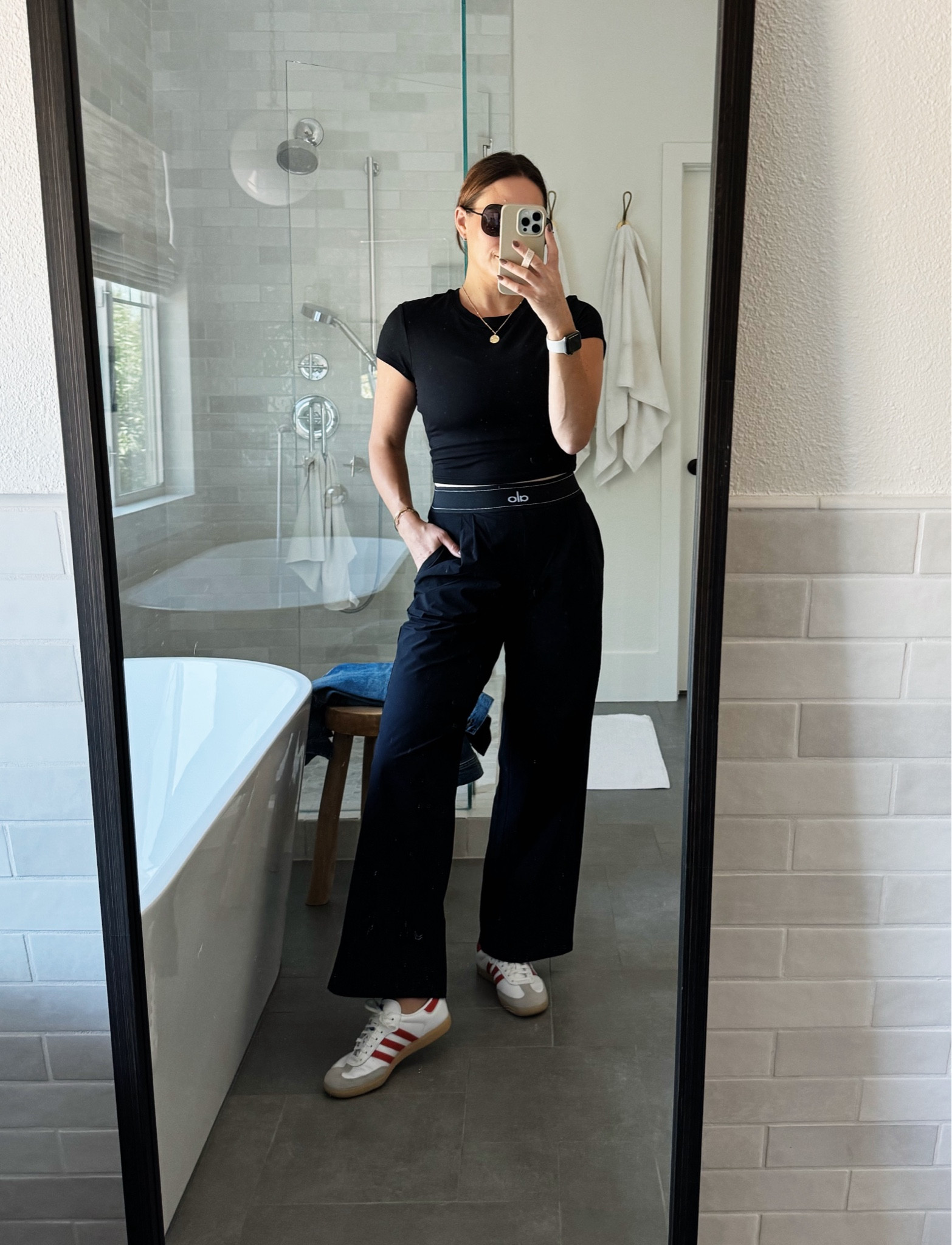 Love these sporty trousers from Alo! Wearing an xs in the pants (so size down), M in the T-shirt which is so soft! 

#LTKActive #LTKOver40 #LTKStyleTip