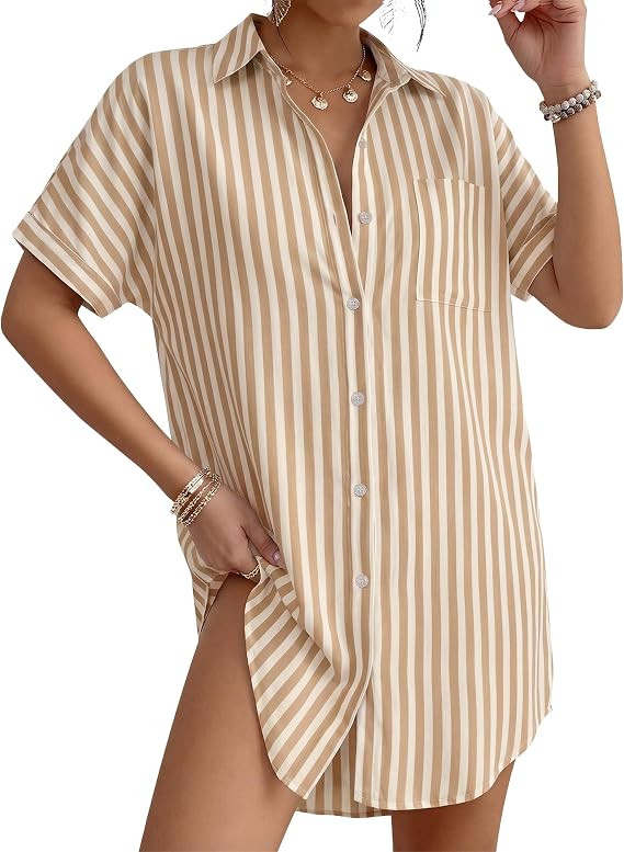 MANGOPOP Swimsuit Coverup for Women Striped Bathing Suit Cover Up Button Down Shirt Beach Cover U... | Amazon (US)
