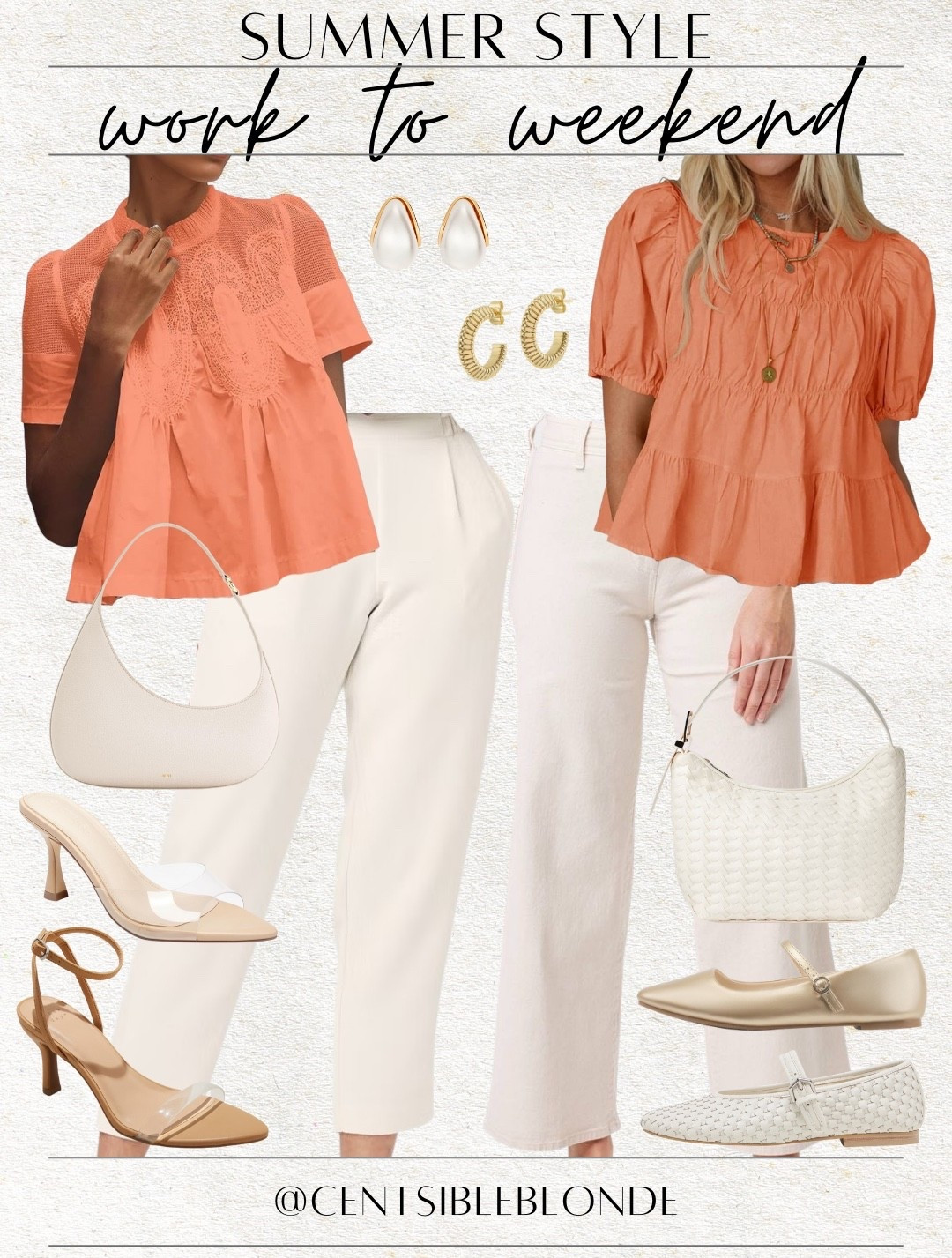 Work to weekend, work outfit, weekend outfit, work pants, business casual, business professional, work flats, Mary Jane flats, ballet flats, handbag, off white bag, ivory bag, gold earrings, heeled sandals, summer style, summer outfit, workwear, ivory jeans, ankle jeans, sailor jeans, orange top, casual Friday

#LTKShoeCrush #LTKFindsUnder50 #LTKWorkwear