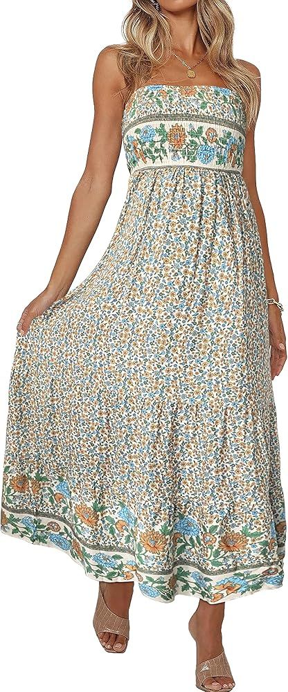 Womens Summer Casual Strapless Beach Sundress Off Shoulder Boho Party Floral Long Maxi Dresses | Amazon (US)