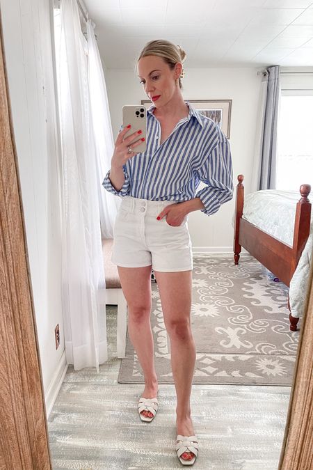 Blue striped linen shirt, white denim shorts, white YSL sandals, Fourth of July outfit 

#LTKSeasonal #LTKstyletip #LTKunder50
