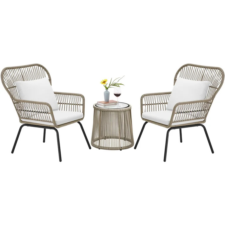 SMILE MART Outdoor 3-piece Synthetic Wicker Patio Set with Cushions, Tan | Walmart (US)