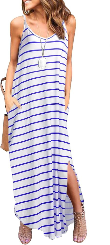 Women's Summer Casual Sleeveless V Neck Strappy Split Loose Dress Beach Cover Up Long Cami Maxi D... | Amazon (US)