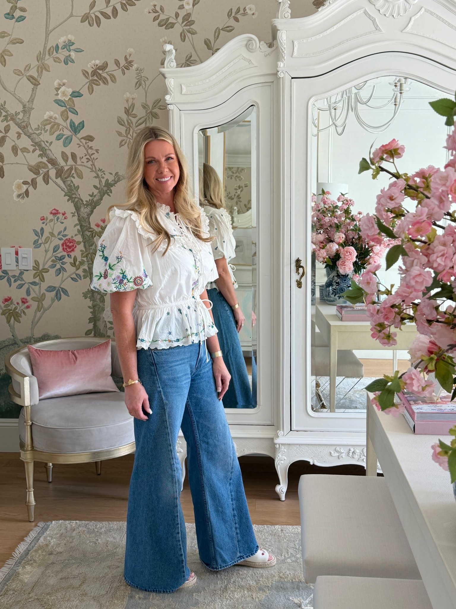 Spring outfit! Cutest embroidered top with my favorite wide leg Jeans.

#LTKootd #LTKOver40