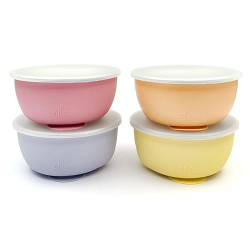 Elk and Friends Stainless Steel Bowls with Silicone Sleeve for Babies & Toddlers | Lids Included | Stay Put Suction | Cereal & Snack Bowls | 4 Pack | Amazon (US)