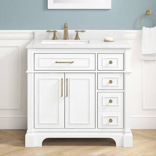 Home Decorators Collection Melpark 36 in. Single Sink White Bath Vanity with White Engineered Mar... | The Home Depot