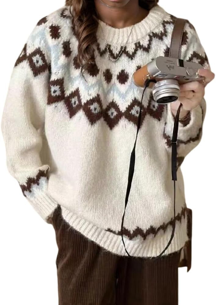Womens Fall Vintage Fair Isle Sweater Casual Loose Long Sleeve Crewneck Knitted Pullover Sweater ... | Amazon (US)