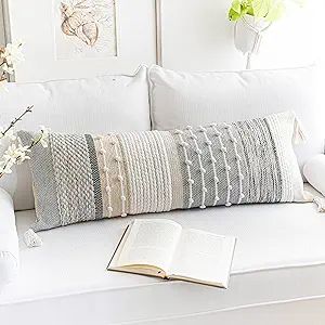 BlissBlush Gray Boho Lumbar Throw Pillow Cover 14x36 Grey Accent Long Body Lumbar Pillow for Bed ... | Amazon (US)