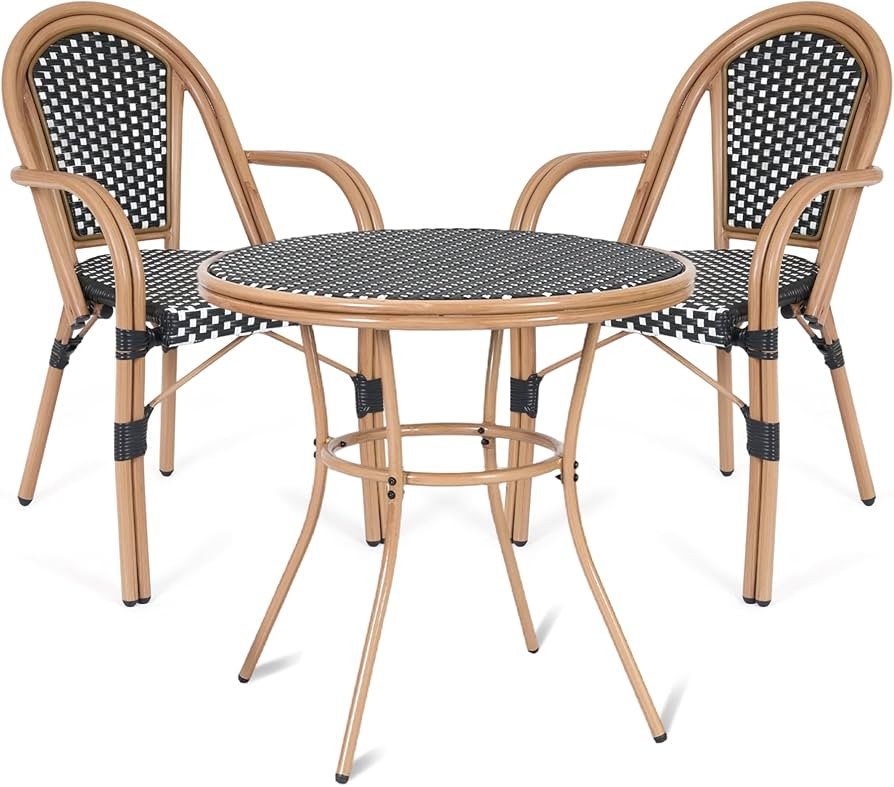 3 Piece Patio Dining Set, Outdoor French Country Bistro Table and Chairs, All-Weather Wicker Roun... | Amazon (US)