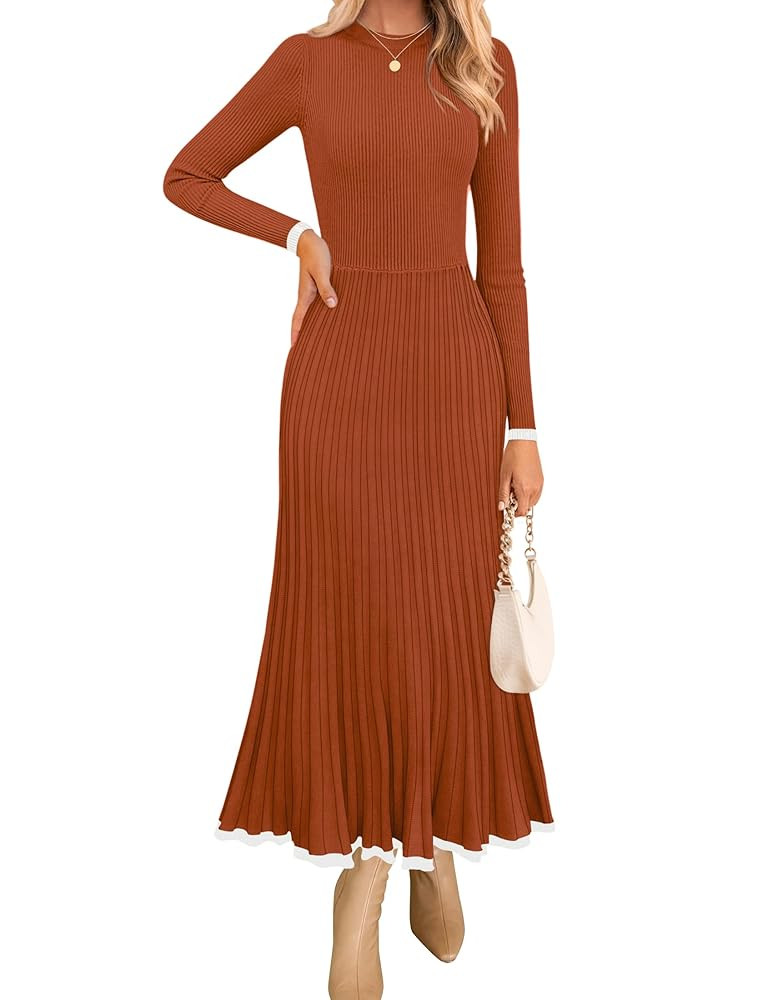 ZESICA Women's Long Sleeve Sweater Dress Fall 2025 Crewneck Ribbed Knit Pleated A-Line Maxi Weddi... | Amazon (US)