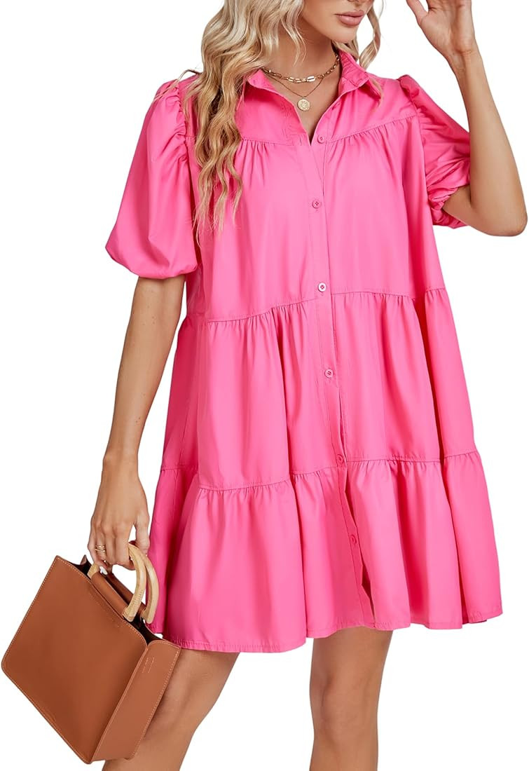 LYANER Women's Callor Button Down Puff Short Sleeve Ruffle Hem Loose Babydoll Mini Dress | Amazon (US)