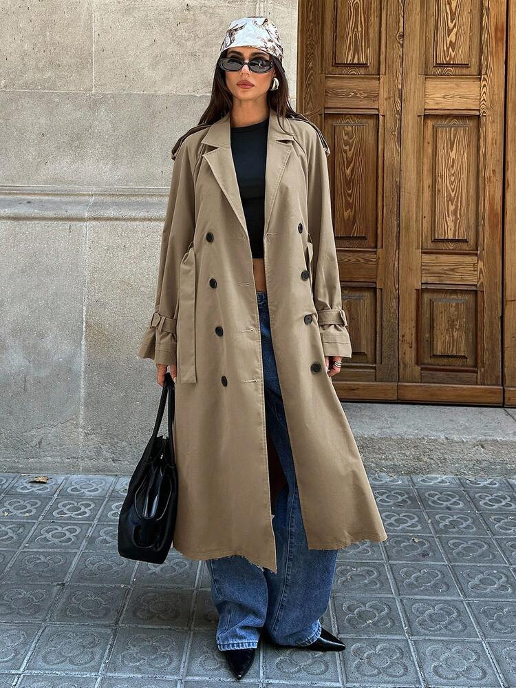 Aloruh Abrigo Corto De Trinchera Casual De Cintura Ceñida De Color Caqui Minimalista Para Mujer, Otoño | SHEIN