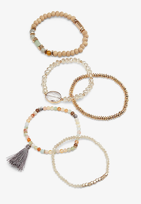 5 Piece Gray Beaded Stretch Bracelet Set | Maurices