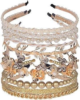 10 PCS Pearls Headband, Rhinestones, Gold Metal Headbands, White Hairbands Leaf Decor Metallic Bu... | Amazon (US)