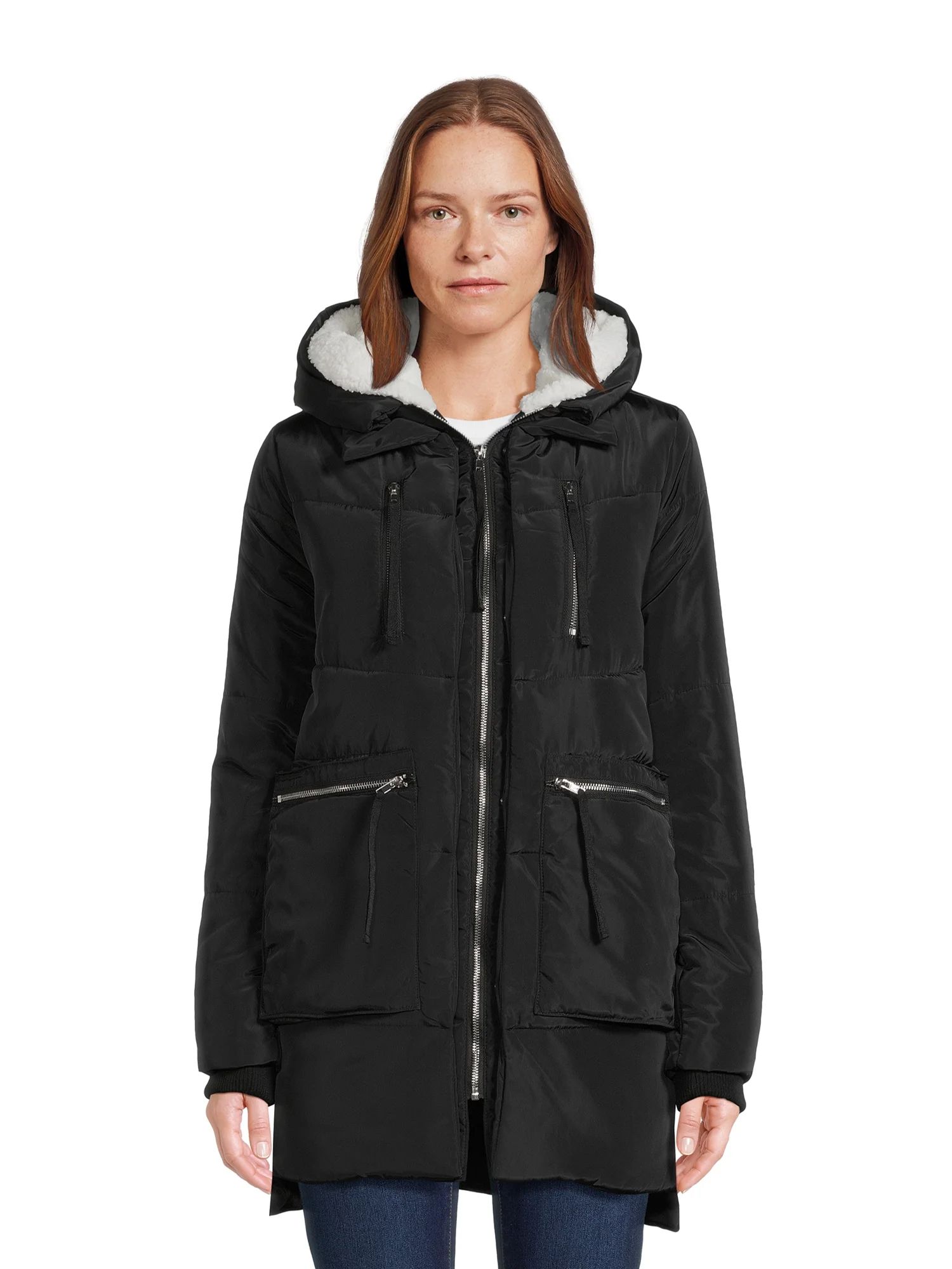 Jason Maxwell Women's Puffer Coat with Faux Sherpa Lined Hood, Sizes S-XL | Walmart (US)