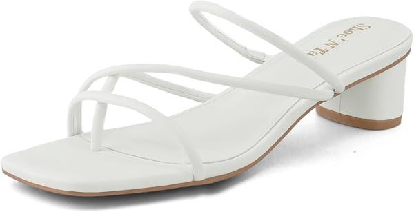 Shoe'N Tale Strappy Heels for Women Chunky Thong Strap Slip On Mules Square Toe Low Kitten Heeled Sandals | Amazon (US)
