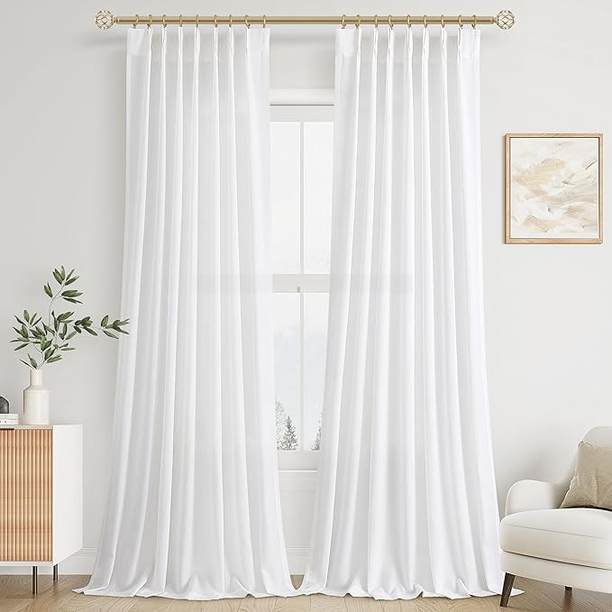 White Pinch Pleated Linen Curtains 96 Inches Long 2 Panels for Living Room Bedroom Cotton Light F... | Amazon (US)