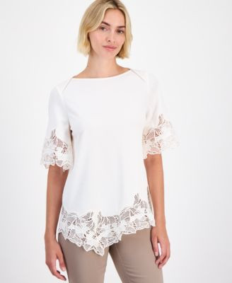 Anne Klein Women's Lace-Trim Asymmetrical Top - White Dove | Macy's